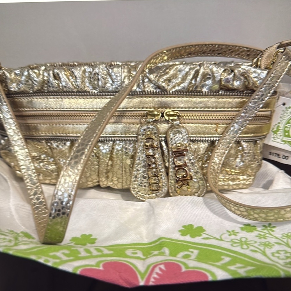 Charm & Luck Gold Leather Crossbody Clutch Handbag NWT